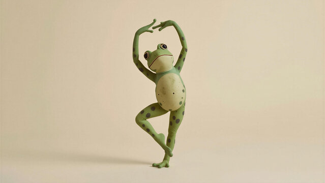Cute green frog dancing like a ballerina on a beige background