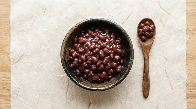Sweet red azuki beans in a rustic bowl with wooden spoon