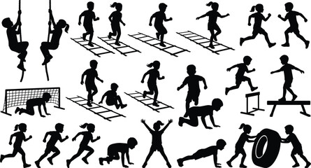 Set of kids physical education activity and sports training silhouettes vector illustration © Jafrin