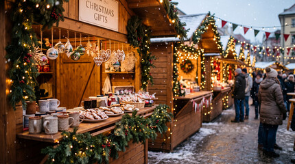 Fototapeta premium Festive Christmas market stalls decorated with lights and ornaments on a snowy winter day