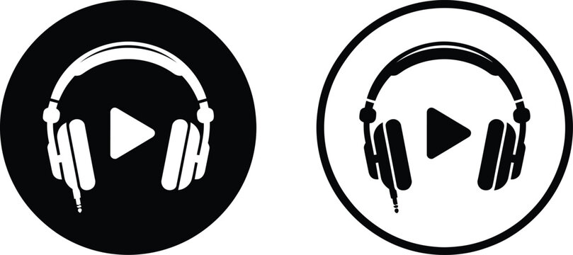 Headphones with play button icon set for audio media control headphones illustration listening technology interface isolated