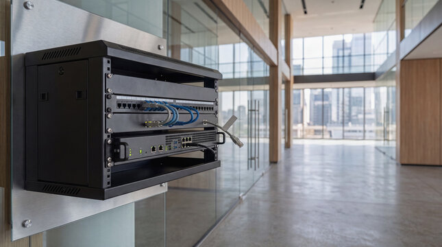 Compact edge server mounted on a wall managing data privacy concerns in a modern corporate office interior