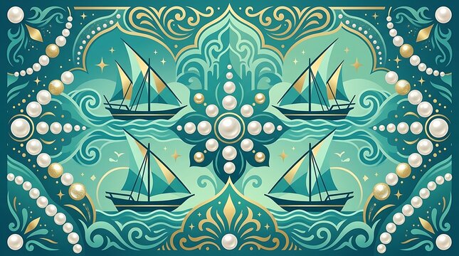 Traditional dhow ships and pearls on ornate teal pattern background