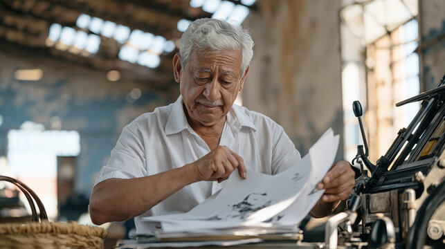 An elderly man operates a heritage lette 1