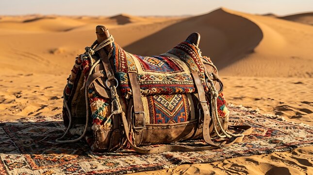 Traditional ornate camel saddle resting on desert sand dunes