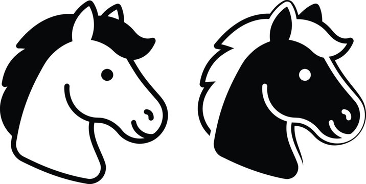 Horse head icon set in black and white silhouette style with silhouette stallion monochrome minimalist equestrian creature