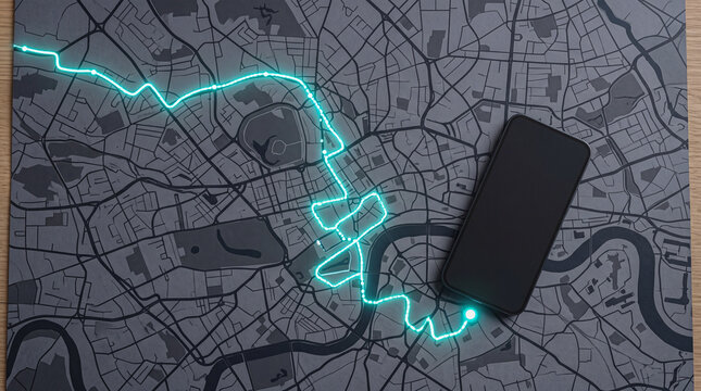 Smartphone on city map with glowing route and mobile device representing data privacy concerns and navigation security