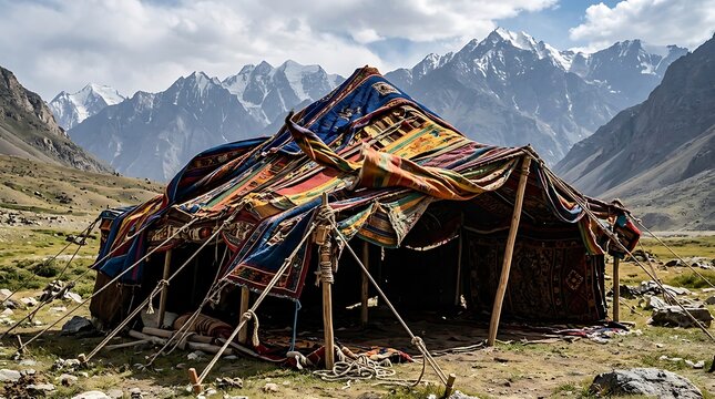 Traditional nomadic tent in a majestic mountain valley