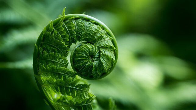 A macro view of a spiraling fern frond unfolding, featuring deeply layered vibrant green leaflets against a gently blurred backdrop, creates a tranquil and captivating sense of growth