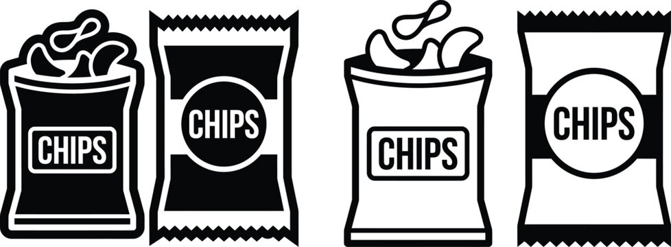 Potato chips snack bag collection in flat vector icons with snacking appetizer packaging illustration snackfood