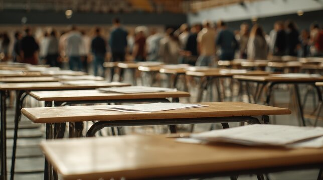 Medium shot showing standardized test setup with neatly arranged desks exam sheets centered proctors walking the aisles in soft focus