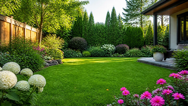 Beautiful lush green backyard garden with manicured lawn, blooming white hydrangea flowers, vibrant pink blossoms, and tall evergreen trees in soft golden hour sunlight, perfect for home