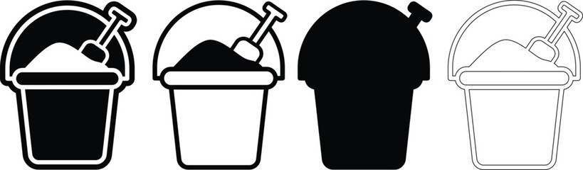 Bucket with shovel toy icon set for children beach activity vacation activity recreation childhood collection silhouette © NXTall