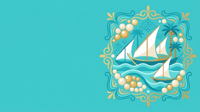 Traditional dhow boats sailing on waves with pearls and palm trees