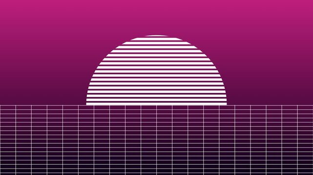 Setting sun over digital grid landscape with neon pink sky and subtle motion