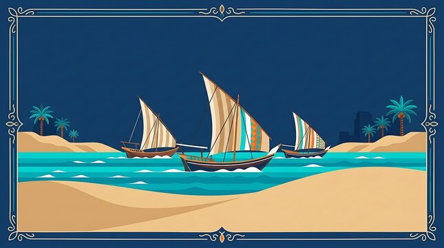 Traditional sailing dhows navigating tropical waters along sand dunes