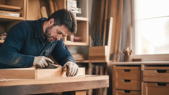 Professional carpenter meticulously shaping a wooden frame with a hand plane in a sunlit workshop, showcasing craftsmanship, focus, and traditional woodworking skills for business and renovation