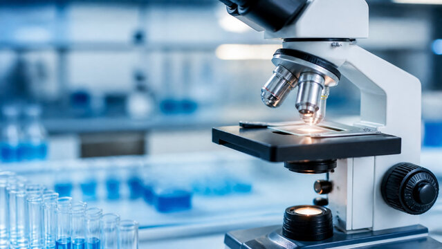 Professional laboratory microscope with glass test tubes in a modern research facility, bright blue lighting, concept of scientific discovery, medical diagnostics, biotechnology development and