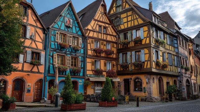 Colorful half-timbered houses with flowers during daytime street scene in quaint European village