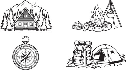 Set of camping icons with cabin bonfire compass and tent in a hand drawn sketch style © Mahafuz