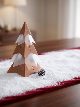 Premium Minimalist Christmas Tree on White Snow with Red Background, Luxury Winter Holiday Advertising Background with Copy Space