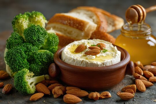 Creamy baked brie with almonds and honey served with fresh broccoli and crusty bread