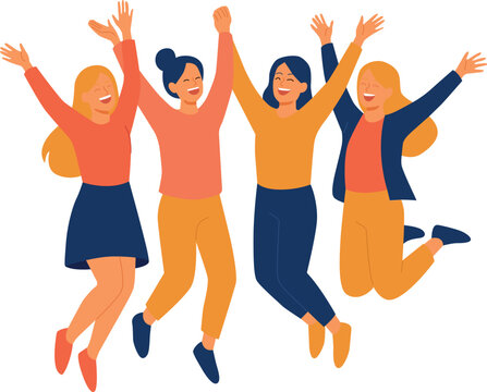 Happy women jumping together flat vector illustration