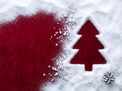 Premium Minimalist Christmas Tree on White Snow with Red Background, Luxury Winter Holiday Advertising Background with Copy Space