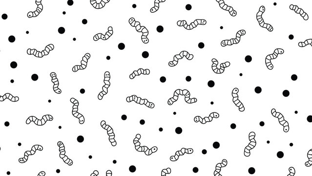 Whimsical seamless pattern featuring playful hand-drawn worms and scattered black dots, creating a unique and quirky design on a white background.