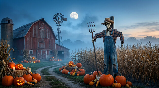 Skeleton scarecrow standing in a cornfield with pumpkins near a red barn at night