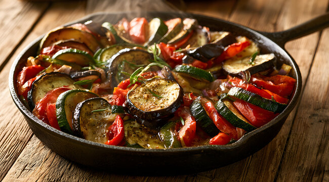 In a rustic wooden table set, a steaming hot French ratatouille simmered in a cast iron pan