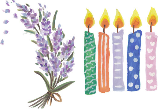 Lavender and candles hand drawn watercolor art