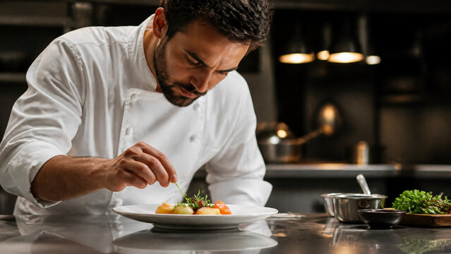 Professional male chef meticulously garnishing a gourmet plate in a high-end restaurant kitchen, focused concentration, cinematic moody lighting, representing culinary excellence and fine dining