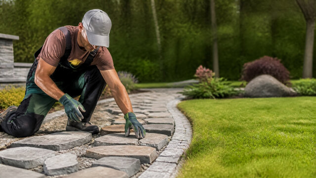 Professional landscaper kneeling on the ground installing natural stone pavers to create a beautiful garden path, wearing work gloves and uniform in a sunny backyard, perfect for home improvement