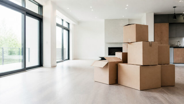 Stack of cardboard moving boxes in a bright, modern, minimalist living room with large windows and hardwood floors, representing relocation, new home ownership, and professional moving services.