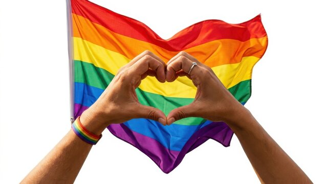 Hands making a heart shape with a colorful rainbow pride flag waving in the air celebrating love and equality for all