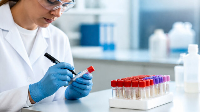 A professional female scientist wearing a white lab coat and protective safety goggles carefully labeling a test tube in a modern medical laboratory, representing clinical research and diagnostic