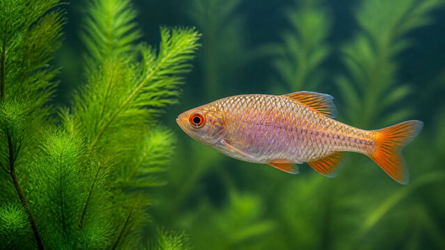 A vibrant freshwater fish swimming gracefully in a lush, green planted aquarium. The scene captures a tranquil underwater environment, ideal for nature, pet care, and aquatic conservation