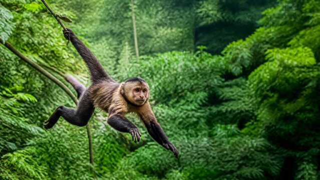 A wild capuchin monkey jumping between vines in a lush tropical rainforest, capturing the agility and natural behavior of wildlife in a vibrant green habitat, perfect for nature and conservation