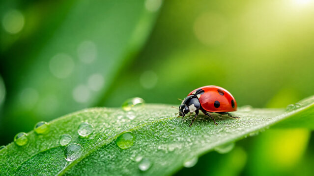A vibrant red ladybug crawling on a fresh green leaf covered in morning dew drops, captured in soft golden sunlight. Macro nature photography representing growth, ecology, and environmental