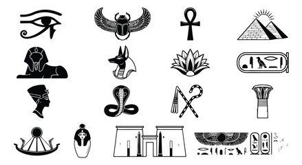 Obraz premium Ancient Egyptian symbols and icons set, black silhouette mythology elements, 16 vector illustrations of pharaoh, sphinx, and pyramids