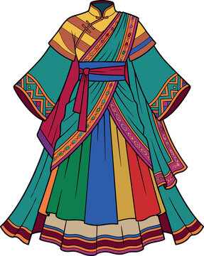 Traditional Tibetan Chuba Dress Vector Illustration featuring Colorful Folk Asian Apparel and Cultural Costume Design