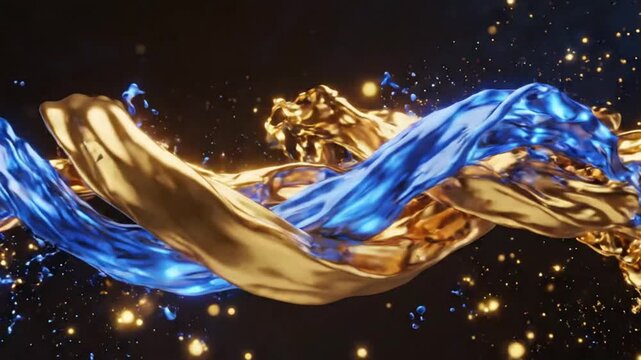 Premium abstract background featuring elegant streams of molten liquid gold and sapphire blue energy flowing in smooth cinematic motion. Generative AI