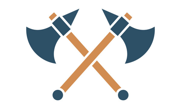 Minimalist flat design icon of two battle axes crossed, featuring stylized crescent blades and geometric handles, isolated on white, Medieval weapon concept
