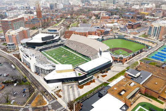 Nashville, TN, USA - March 8, 2026: An aerial view of the Vanderbilt University sports fields including FirstBank Stadium, Memorial Gymnasium, and Hawkins Field.