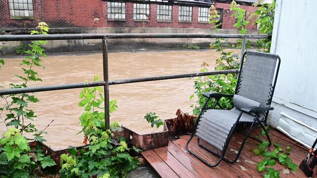 backyard Flood water overflowing river during rain storm, copy space heavy rain real time video, authentic light, natural disaster theme