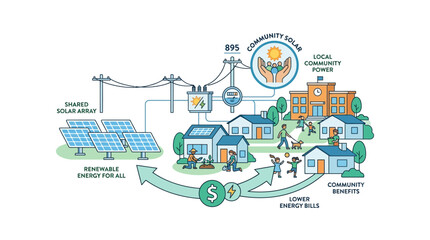 Community Solar Energy System Illustration: Renewable Power for Homes and Schools