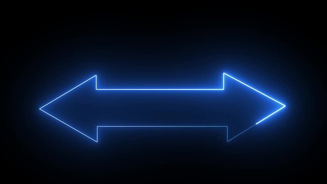 Glowing blue neon double headed arrow pointing left and right on a dark black background
