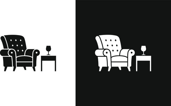 Black and white vector icons of armchair with side table and wine glass showing contrast in positive and negative space