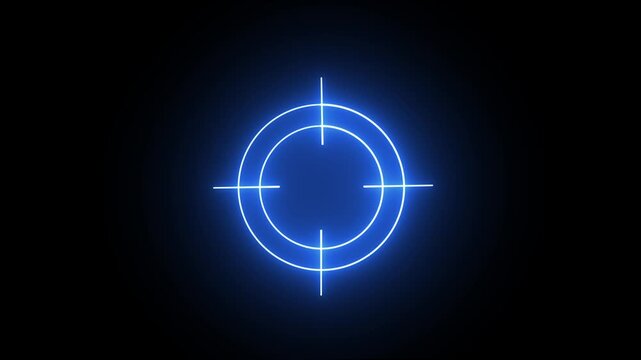 Glowing blue neon crosshair target symbol on a dark black background